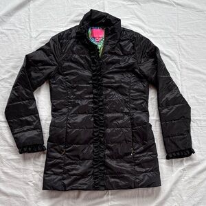 Lilly Pulitzer Doria Puffer Down Black Jacket Floral Lining Women’s Size 0